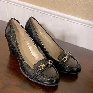 Snake print leather Blocked heeled women’s shoes